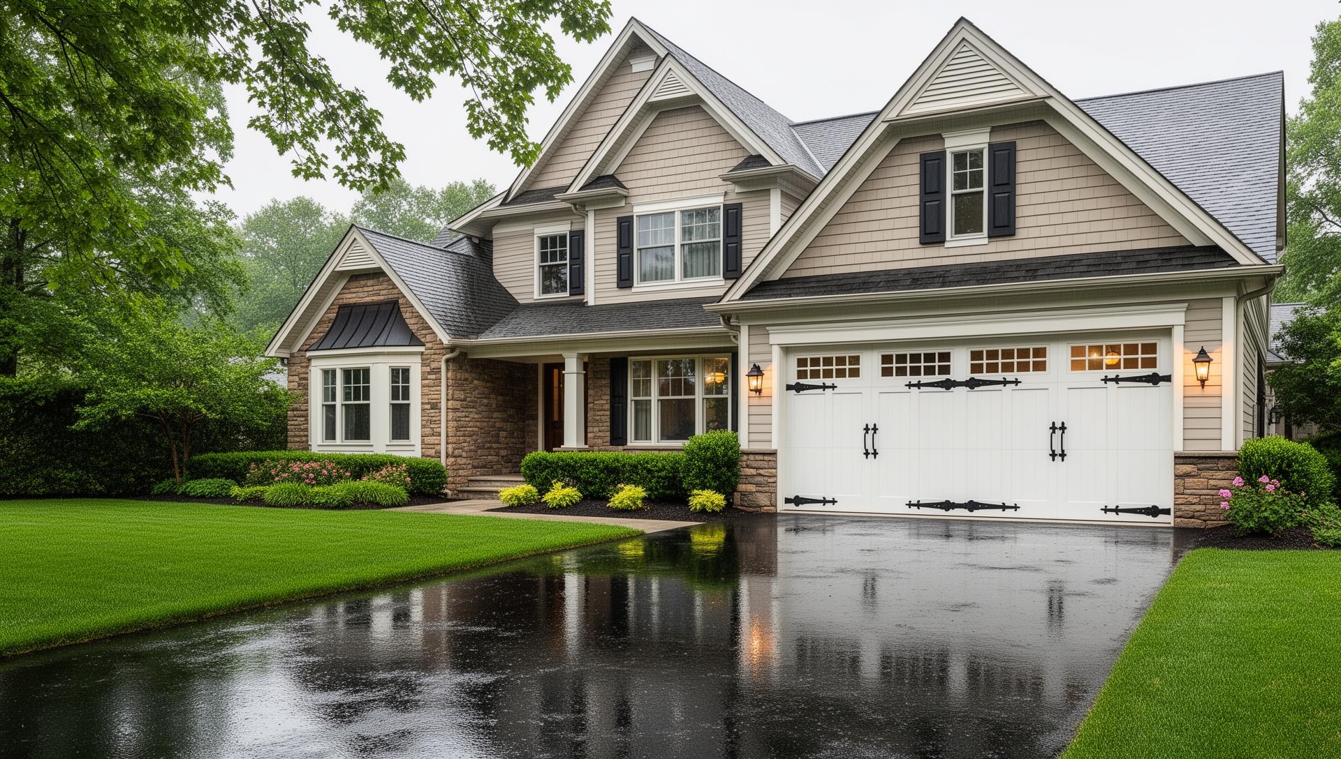 Beautiful suburban home with classic carriage house garage doors featuring decorative black iron hardware and windows